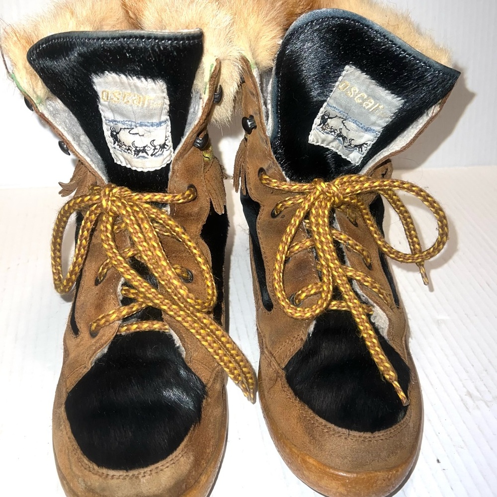 Oscar de la Renta Fur Trimmed Leather Suede Lace‎ Up Wedge Boots 42